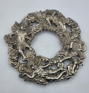 Christmas Cherb Trivet Silverplate Wall Art Round Rubber Tip Feet MCM